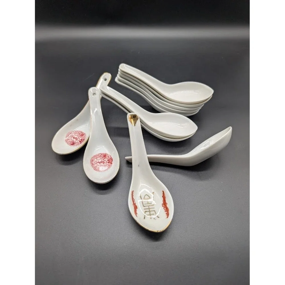 11 Set Vintage Porcelain Soup‎ Spoons Miso Ramen Dumplings Golden China Taiwan